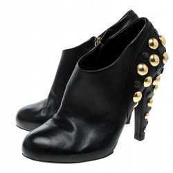 Pre Owned Gucci Black Leather Babouska Stud Embellished Ankle Booties Size 38.5