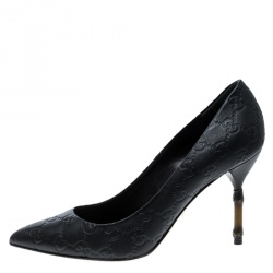 Pre Owned حذاء كعب عالى غوتشى بامبو كريستن جلد أسود مقاس 39