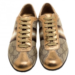 Pre Owned حذاء رياضي غوتشي منخفض من أعلى جلد ميتالك وكانفاس GG بيج مقاس 36