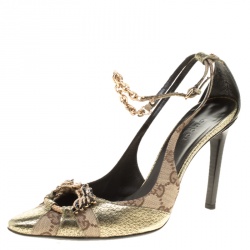 Pre Owned Gucci Beige GG Canvas And Leather Crystal Embellished Pointed Toe Slingback Sandals Size 36.5