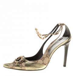 Pre Owned Gucci Beige GG Canvas And Leather Crystal Embellished Pointed Toe Slingback Sandals Size 36.5