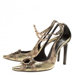 Pre Owned Gucci Beige GG Canvas And Leather Crystal Embellished Pointed Toe Slingback Sandals Size 36.5