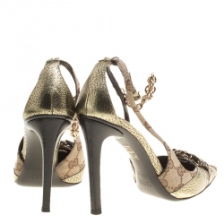 Pre Owned Gucci Beige GG Canvas And Leather Crystal Embellished Pointed Toe Slingback Sandals Size 36.5