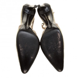 Pre Owned Gucci Beige GG Canvas And Leather Crystal Embellished Pointed Toe Slingback Sandals Size 36.5