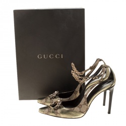 Pre Owned Gucci Beige GG Canvas And Leather Crystal Embellished Pointed Toe Slingback Sandals Size 36.5
