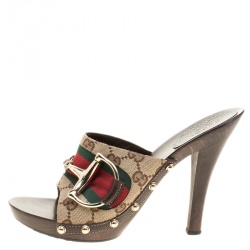 Pre Owned Gucci Beige Guccissima Canvas Horsebit Peep Toe Wooden Mules Size 37