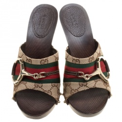 Pre Owned Gucci Beige Guccissima Canvas Horsebit Peep Toe Wooden Mules Size 37