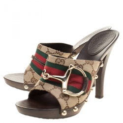 Pre Owned Gucci Beige Guccissima Canvas Horsebit Peep Toe Wooden Mules Size 37