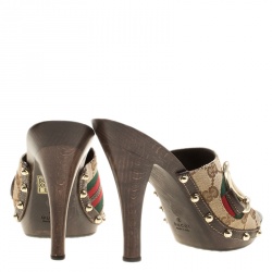 Pre Owned Gucci Beige Guccissima Canvas Horsebit Peep Toe Wooden Mules Size 37