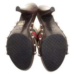 Pre Owned Gucci Beige Guccissima Canvas Horsebit Peep Toe Wooden Mules Size 37