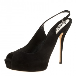 Pre Owned Gucci Black Suede Crystal Bow Embellished Peep Toe Platform Slingback Sandals Size 40