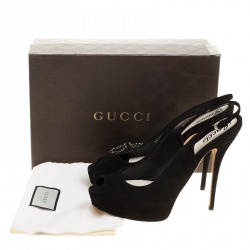 Pre Owned Gucci Black Suede Crystal Bow Embellished Peep Toe Platform Slingback Sandals Size 40
