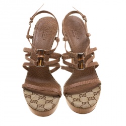 Pre Owned Gucci Brown Leather Bamboo Icon Platform Sandals Size 36.5