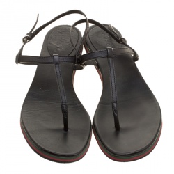 Pre Owned Gucci Black Leather Thong Flat Sandals Size 38