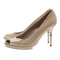 Pre Owned Gucci Beige Patent Bamboo Heel Peep Toe Platform Pumps Size 39.5