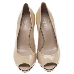 Pre Owned Gucci Beige Patent Bamboo Heel Peep Toe Platform Pumps Size 39.5