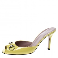 Pre Owned صندل سلايد غوتشي جلد أصفر لامع مقدمة مدببة هورسبيت مقاس 37.5