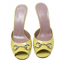 Pre Owned صندل سلايد غوتشي جلد أصفر لامع مقدمة مدببة هورسبيت مقاس 37.5