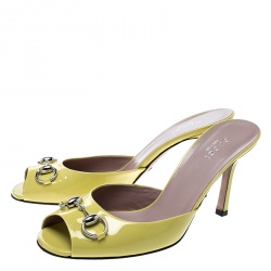 Pre Owned صندل سلايد غوتشي جلد أصفر لامع مقدمة مدببة هورسبيت مقاس 37.5