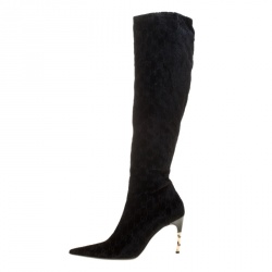 Pre Owned Gucci Black GG Velvet Bamboo Heel Knee High Boots Size 40