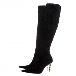 Pre Owned Gucci Black GG Velvet Bamboo Heel Knee High Boots Size 40