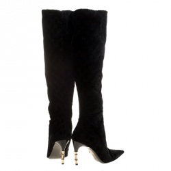 Pre Owned Gucci Black GG Velvet Bamboo Heel Knee High Boots Size 40