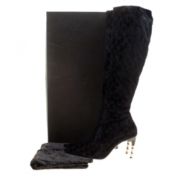 Pre Owned Gucci Black GG Velvet Bamboo Heel Knee High Boots Size 40