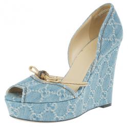 Pre Owned Gucci Guccissima Denim D'orsay Wedges Size 37