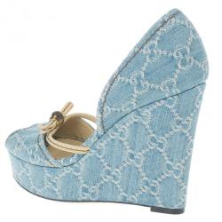 Pre Owned Gucci Guccissima Denim D'orsay Wedges Size 37