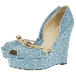 Pre Owned Gucci Guccissima Denim D'orsay Wedges Size 37