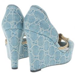 Pre Owned Gucci Guccissima Denim D'orsay Wedges Size 37
