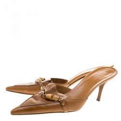 مملوكة مسبقًا صندل سلايد غوتشي جلد بني بامبو مزين مقدمة مدببة مقاس 38.5