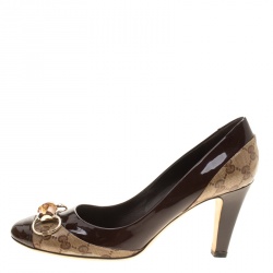 Pre Owned Gucci Brown GG Crystal Canvas and Leather Bamboo Horsebit Block Heel Pumps Size 41