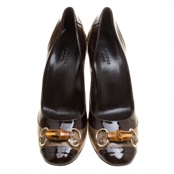 Pre Owned Gucci Brown GG Crystal Canvas and Leather Bamboo Horsebit Block Heel Pumps Size 41