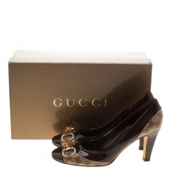 Pre Owned Gucci Brown GG Crystal Canvas and Leather Bamboo Horsebit Block Heel Pumps Size 41