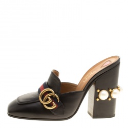 مملوكة مسبقًا حذاء غوتشي مرصع لؤلؤ تفاصيل ويب GG جلد ثعبان أسود مقاس 37.5