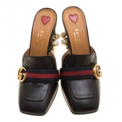 مملوكة مسبقًا حذاء غوتشي مرصع لؤلؤ تفاصيل ويب GG جلد ثعبان أسود مقاس 37.5