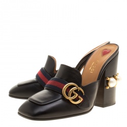 مملوكة مسبقًا حذاء غوتشي مرصع لؤلؤ تفاصيل ويب GG جلد ثعبان أسود مقاس 37.5