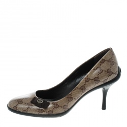 Pre Owned Gucci Beige GG Crystal Canvas Bow Pumps Size 37