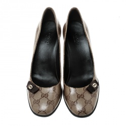 Pre Owned Gucci Beige GG Crystal Canvas Bow Pumps Size 37