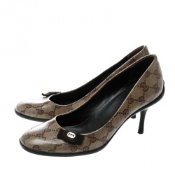 Pre Owned Gucci Beige GG Crystal Canvas Bow Pumps Size 37