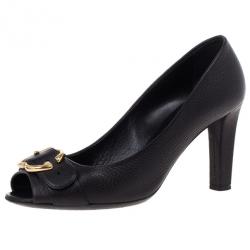 Pre Owned Gucci Brown Leather Ride GG Buckle Peep Toe Pumps Size 39