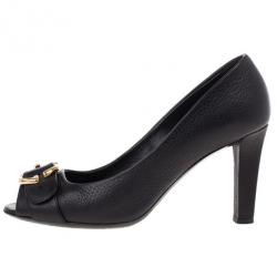 Pre Owned Gucci Brown Leather Ride GG Buckle Peep Toe Pumps Size 39