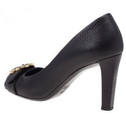 Pre Owned Gucci Brown Leather Ride GG Buckle Peep Toe Pumps Size 39