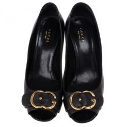 Pre Owned Gucci Brown Leather Ride GG Buckle Peep Toe Pumps Size 39