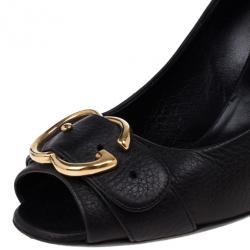 Pre Owned Gucci Brown Leather Ride GG Buckle Peep Toe Pumps Size 39