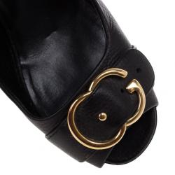 Pre Owned Gucci Brown Leather Ride GG Buckle Peep Toe Pumps Size 39