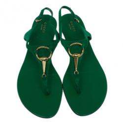 مملوكة مسبقًا صندل بأصبع غوتشي جلد مدبوغ هورسبيت أخضر مقاس 39.5