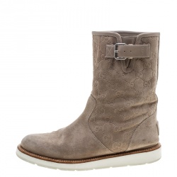 Pre Owned Gucci Beige Guccissima Suede Quercy Flat Boots Size 37.5