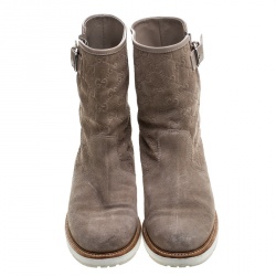 Pre Owned Gucci Beige Guccissima Suede Quercy Flat Boots Size 37.5